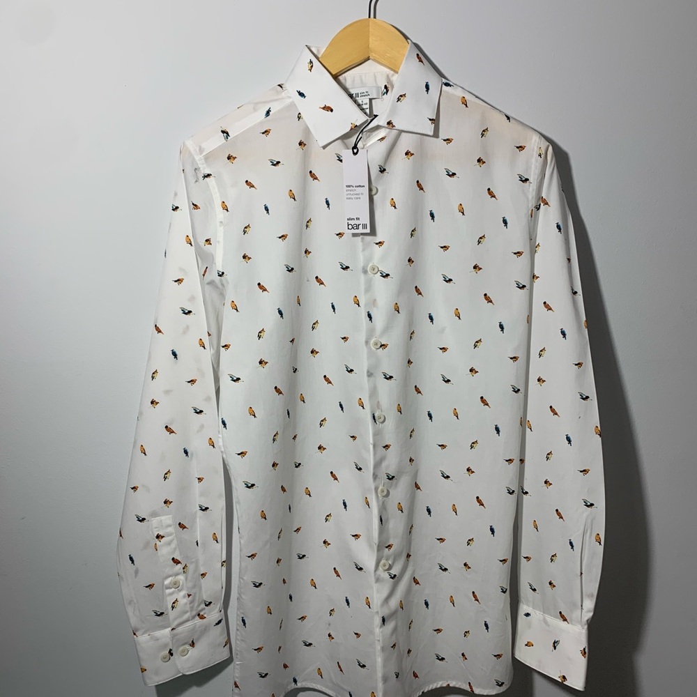NWT Bar III White Casual Button Down Shirt with Musical Notes
